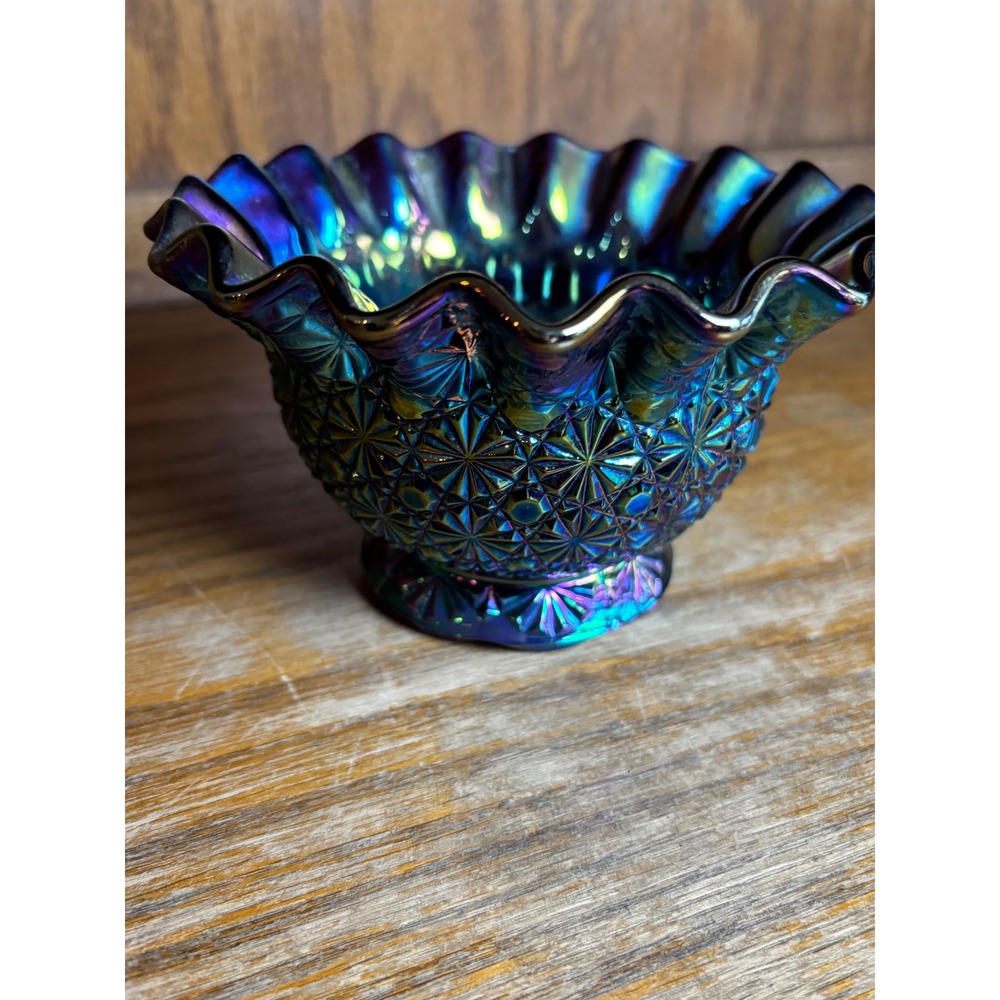 Vintage Blue Carnival Glass Daisy and Button Ruffled Footed Bowl 6 inch